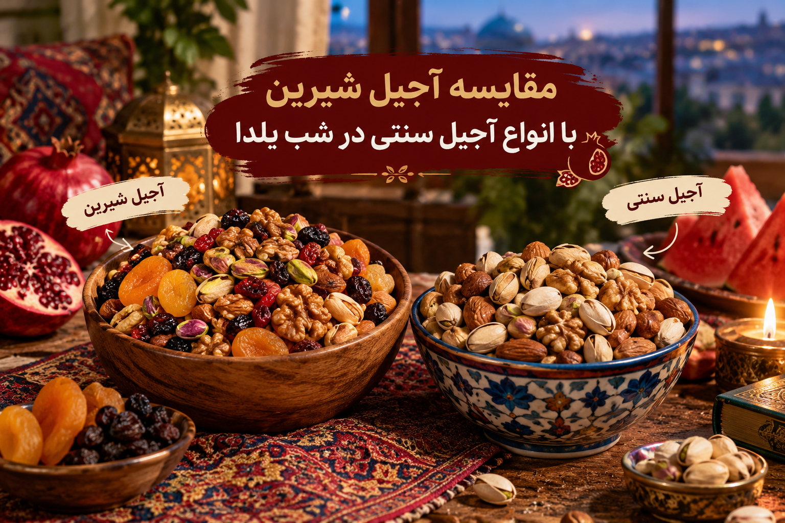 مقایسه آجیل شیرین با آجیل سنتی در شب یلدا شامل انواع مغزها و خشکبار